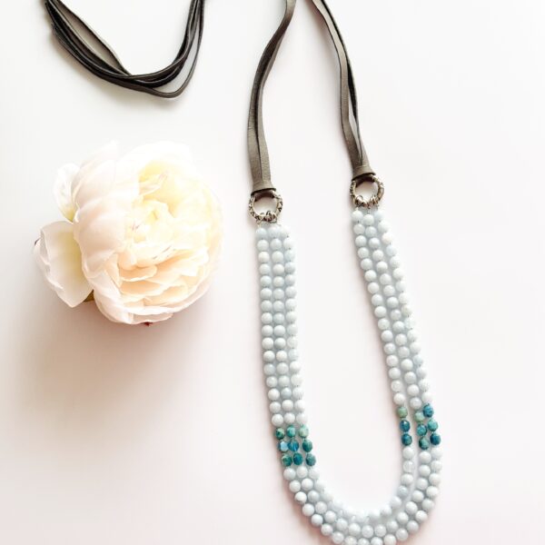 Nautica - Statement Necklace with Aquamarine, Kyanite, Stainless Steel and Natural Leather